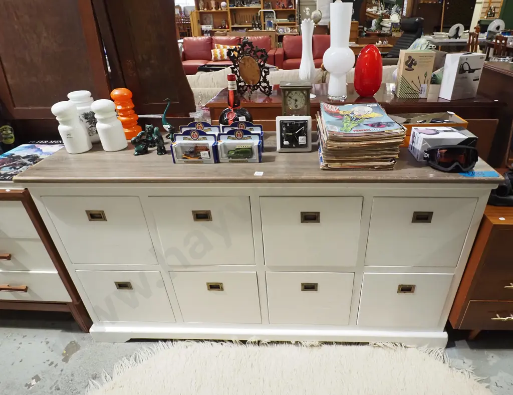 white painted and pine 8 drawer chest with brass inset handles H820 W1510 D410 Image 1++