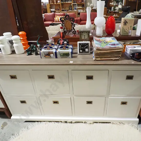 white painted and pine 8 drawer chest with brass inset handles H820 W1510 D410