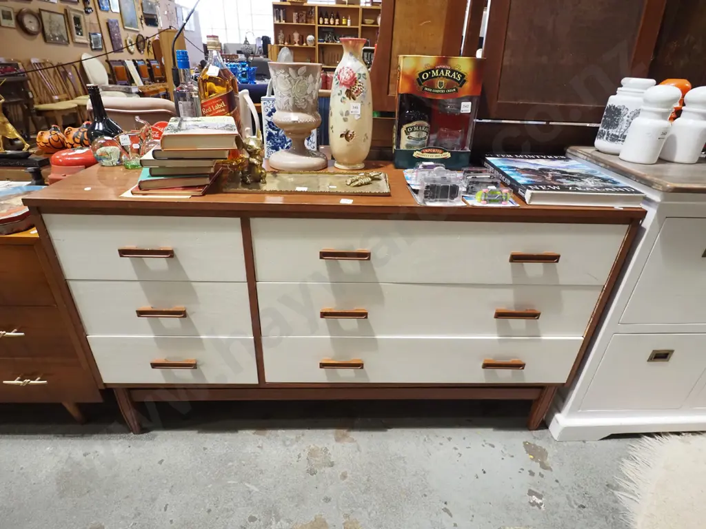 mid century pine and painted 5 drawer lowboy H740 W1320 D395 Image 1++