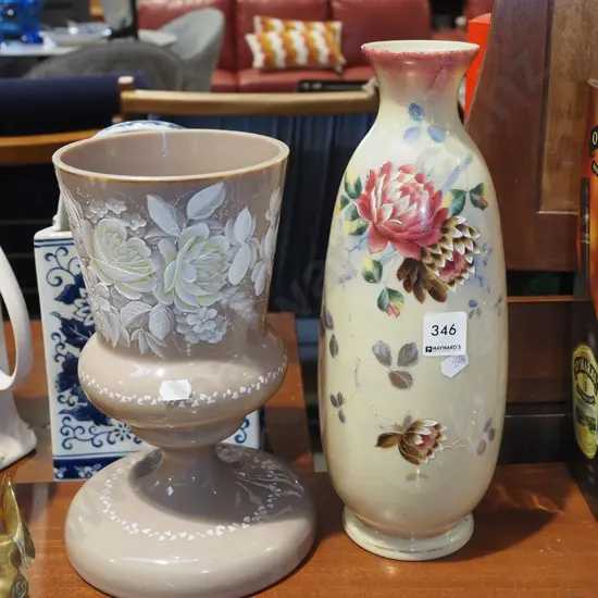 2x hand painted vases Tallest H315