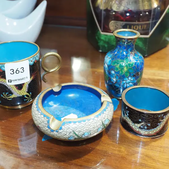 cloisonne cup, napkin ring, vase, ashtray Tallest H80