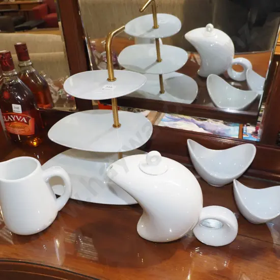 cake plate, unusual teapot, creamer etc