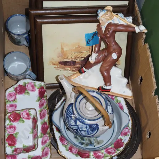 box; prints, teapot, old english rose bowl, trays  etc