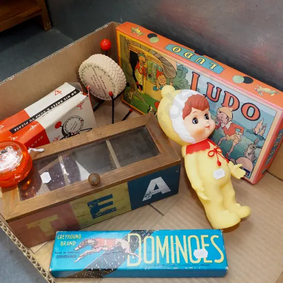 box; ludo, tea chest, dominoes etc