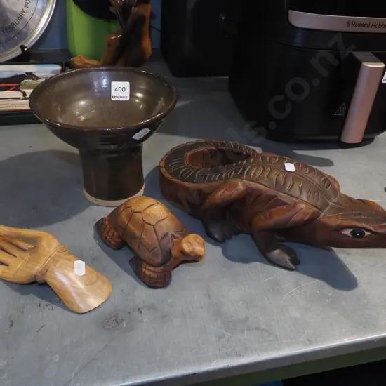 carved wooden alligator, turtle, pottery comport etc