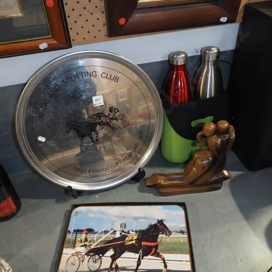Auckland Trotting Cup tray, thermoses, harness racing placemats etc