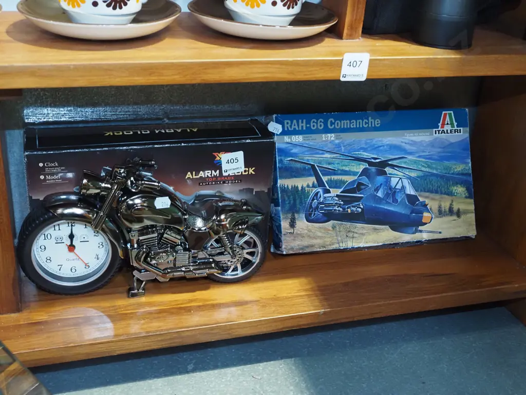 yet to be assembled scale model of comanche helicopter, motorcycle alarm clock Image 1++