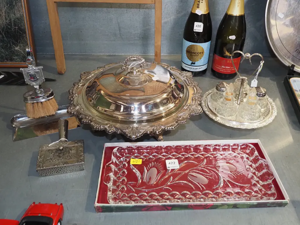 cut crystal tray, plated lidded vege, crumb and brush set etc Image 1++