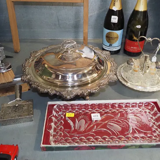 cut crystal tray, plated lidded vege, crumb and brush set etc
