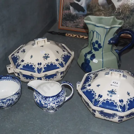 Chinese ironstone jug, 2x lidded veges, creamer etc Jug H210