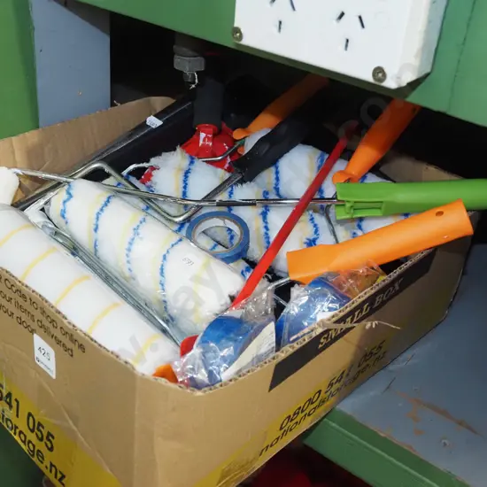 box; paint rollers, roller tray etc