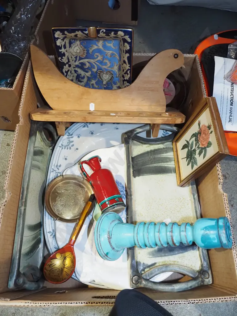 box; egg rack, candlesticks, pottery plates etc Image 1++