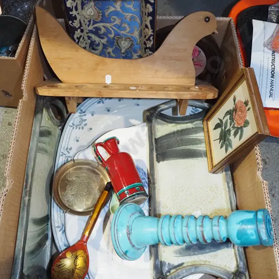 box; egg rack, candlesticks, pottery plates etc