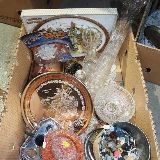 box; glass vases, plates, prints, buttons etc