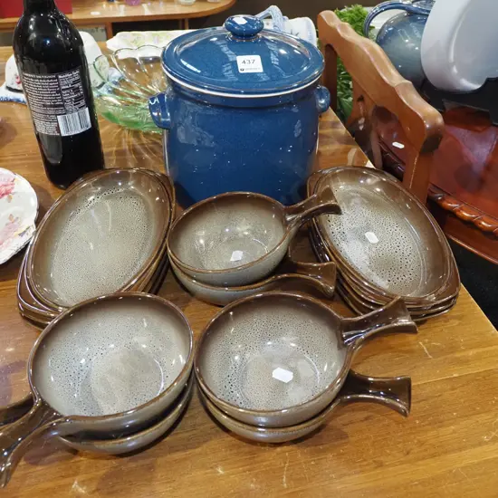 Temuka pottery soup bowls, oval plates, large Denby lidded casserole H330