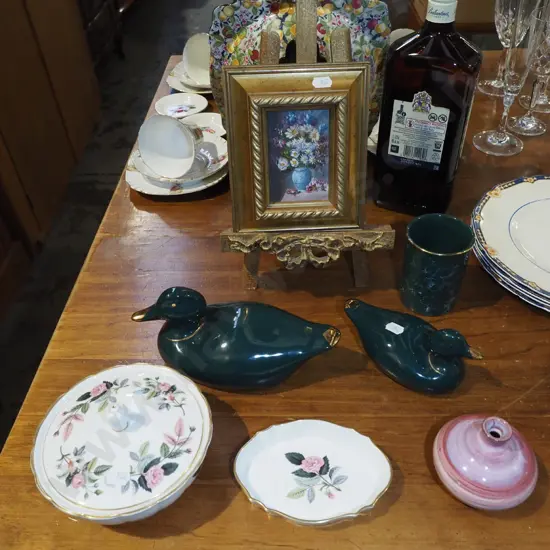 small gilt framed oil - flowers, easel, duck figurines etc