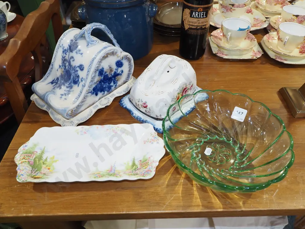 green depression glass bowl, sandwich plate, 2x cheese cover dishes Image 1++
