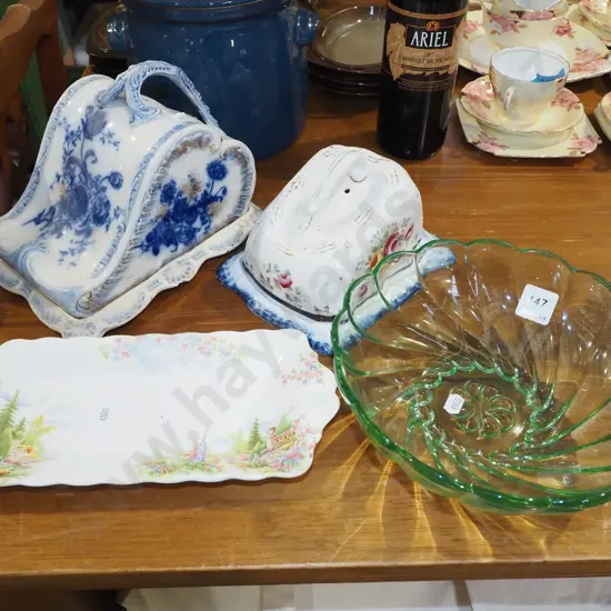 green depression glass bowl, sandwich plate, 2x cheese cover dishes