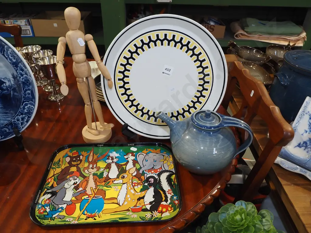 Crown Lynn geometric plate, Disney tray, wooden articulated artists model H340 Image 1++