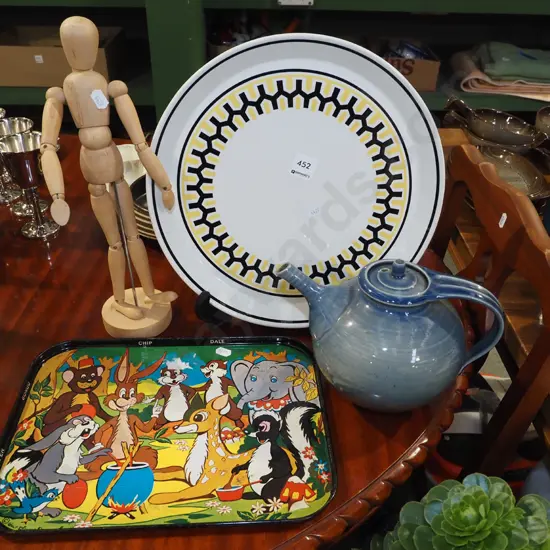 Crown Lynn geometric plate, Disney tray, wooden articulated artists model H340