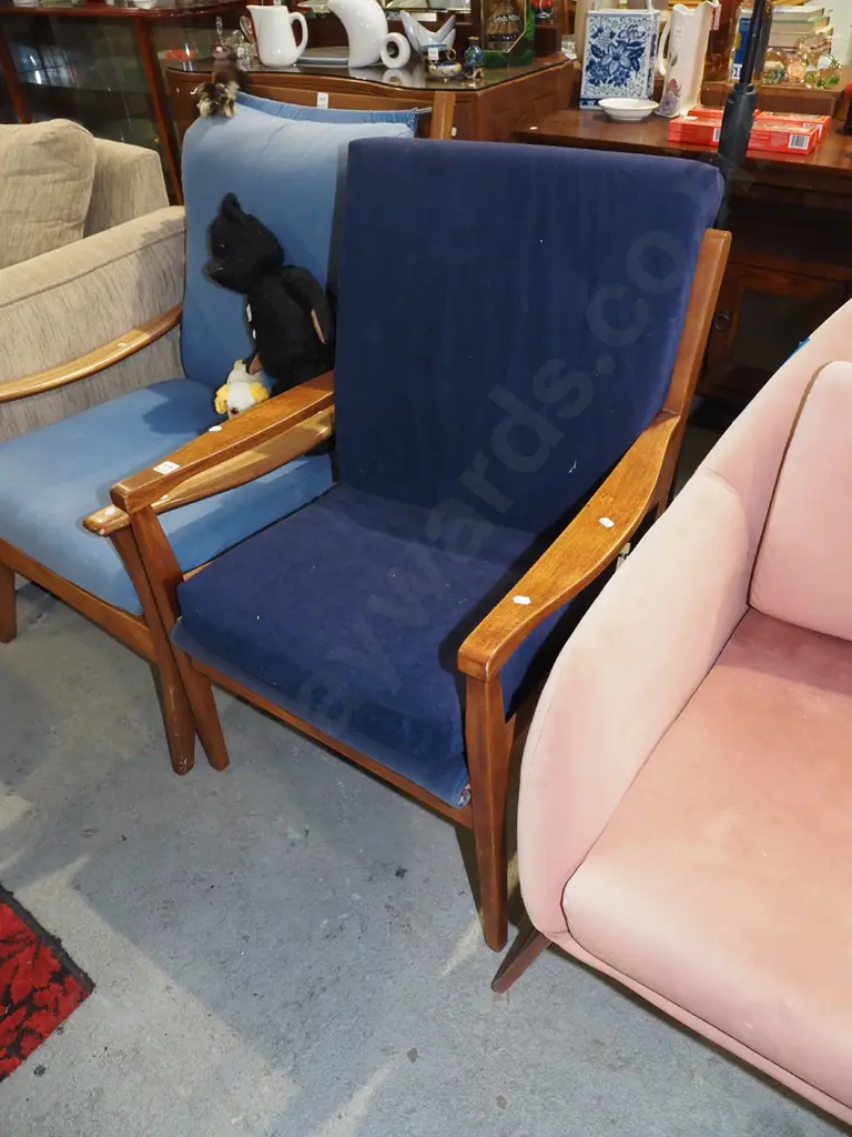 mahogany blue upholstered mid century armchair Image 1++