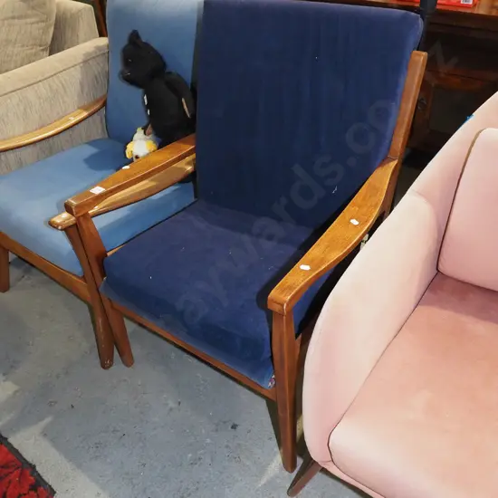 mahogany blue upholstered mid century armchair