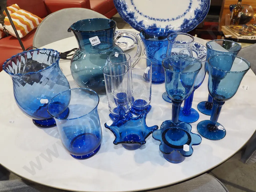 assorted blue glass jugs, vases, glasses Tallest H220 Image 1++