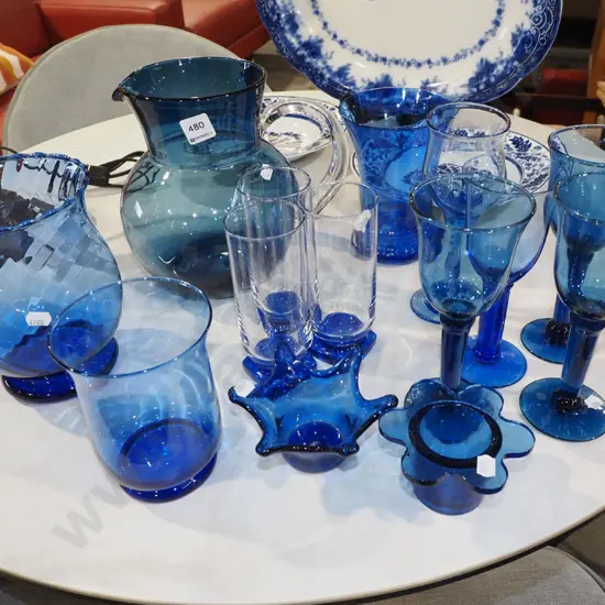 assorted blue glass jugs, vases, glasses Tallest H220