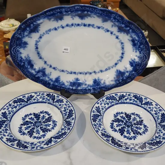 large flow blue ashet, 2x floral soup bowls