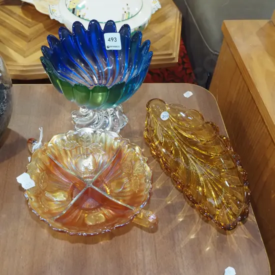 glass comport, carnival bowl, amber glass leaf dish