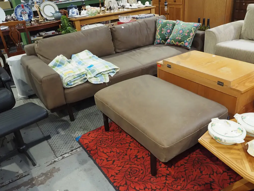 Freedom Furniture contemporary brown leather 3 seater settee & matching ottoman - excellent condition Image 1++