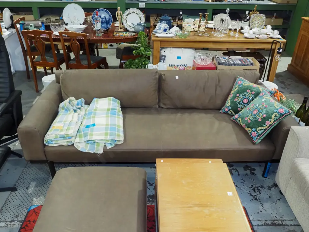 Freedom Furniture contemporary brown leather 3 seater settee & matching ottoman - excellent condition Image 1++