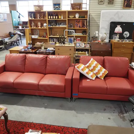 light red leather upholstered 2 piece lounge suite - 3 seater, 2 seater - excellent condition