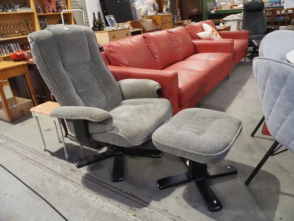 grey upholstered swivel reclining armchair with matching footstool - marks to fabric Image 1++