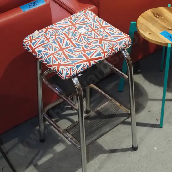 Union Jack upholstered step stool - tarnishing to chrome