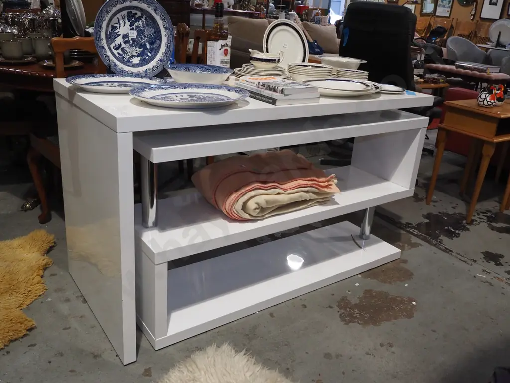 mdf melteca hall table with swing out lower section to create right angle shelves and desk H760 W1300 D600 Image 1++