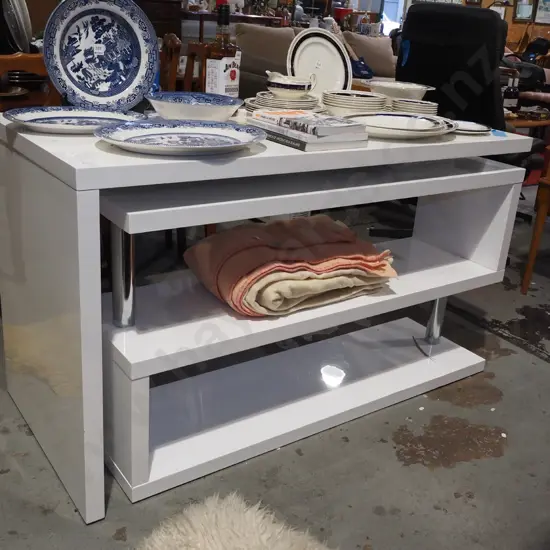 mdf melteca hall table with swing out lower section to create right angle shelves and desk H760 W1300 D600