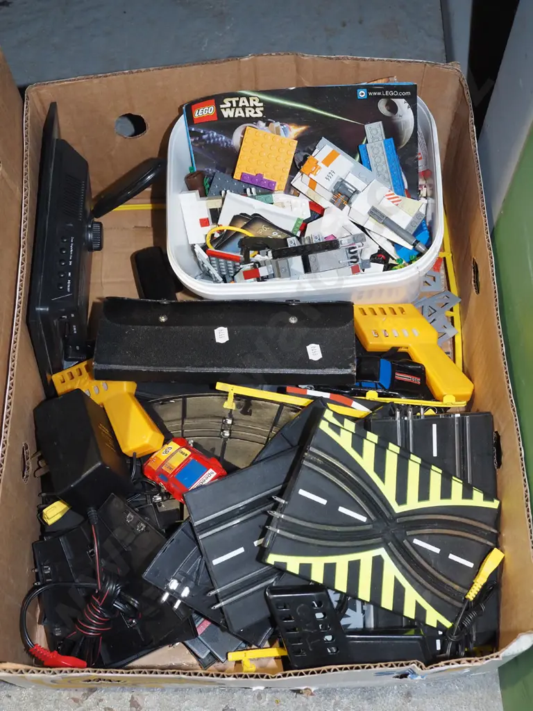 box; slot car pieces, lego pieces Image 1++