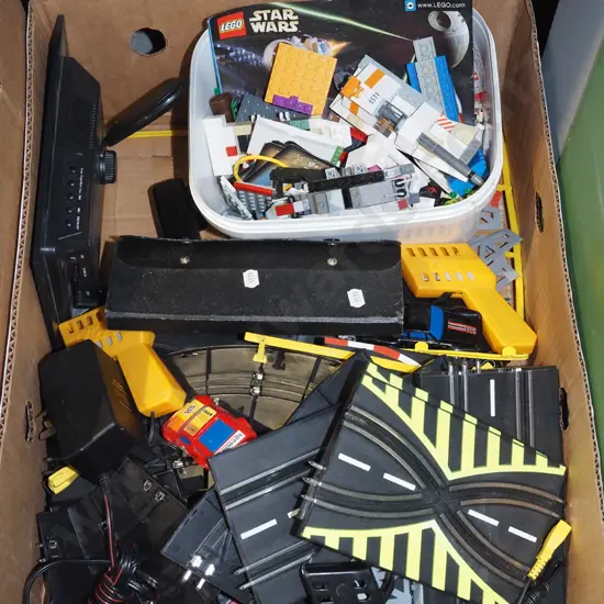 box; slot car pieces, lego pieces