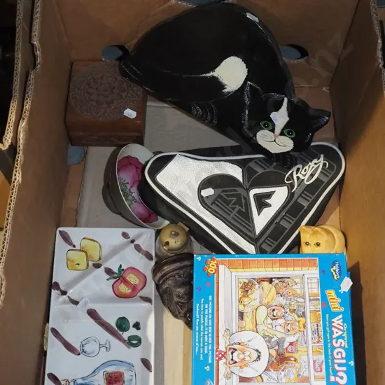 box;mini wasgij puzzles, bowls, wooden cat figurine etc