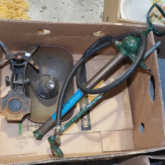 vintage balance scales, barrel pump