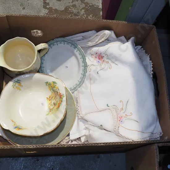 hand worked linen, plates, bowl etc
