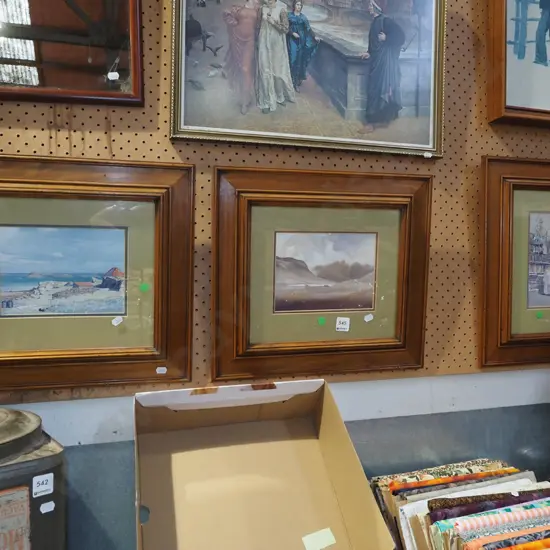3x framed prints - landscapes, armchair - green dots