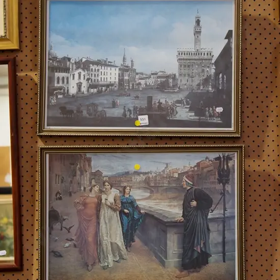 2x framed prints - Venetian scenes - yellow dots