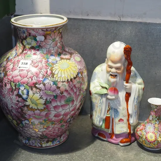 2x Asian vases, good fortune figurine Tallest H345
