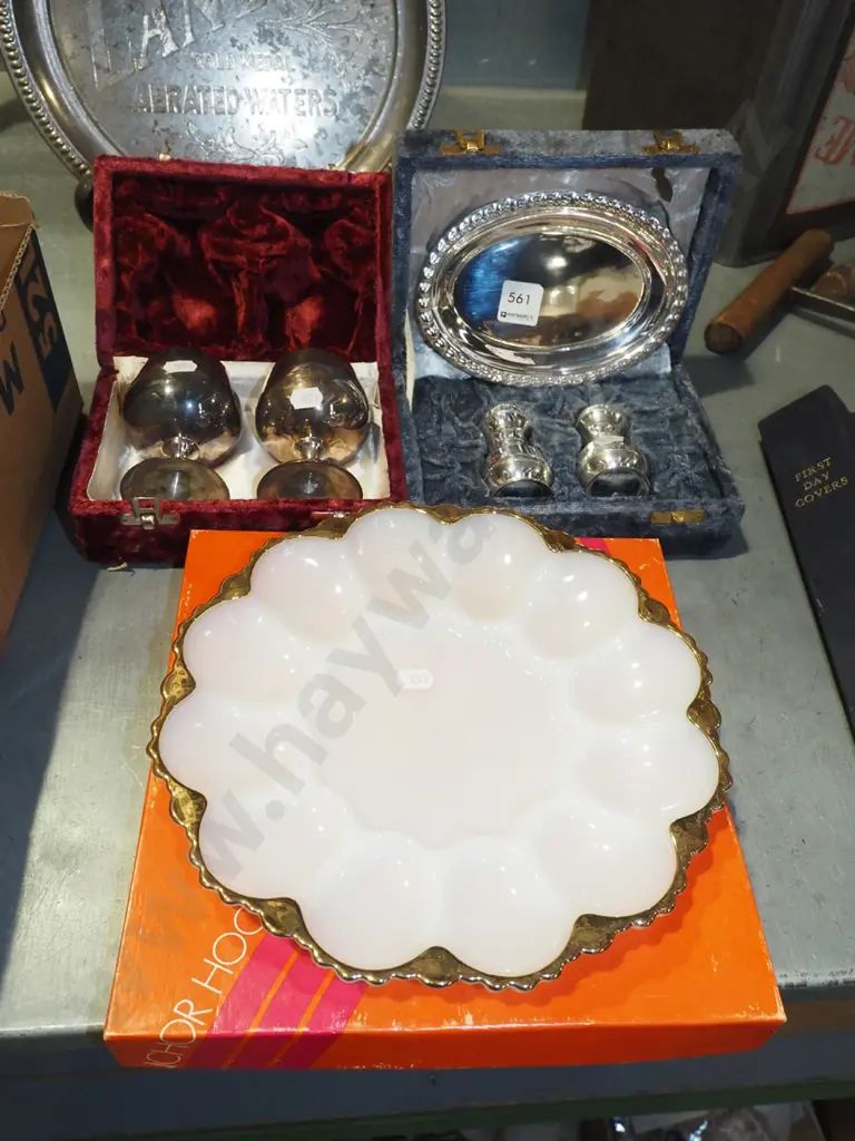 gilt and milk glass tray, cased plated goblets etc Image 1++