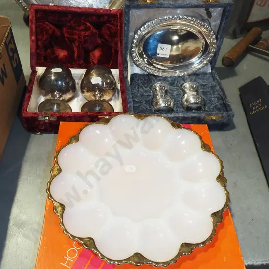 gilt and milk glass tray, cased plated goblets etc