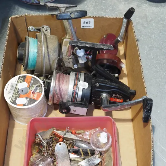 box; fishing reels, lines, lures