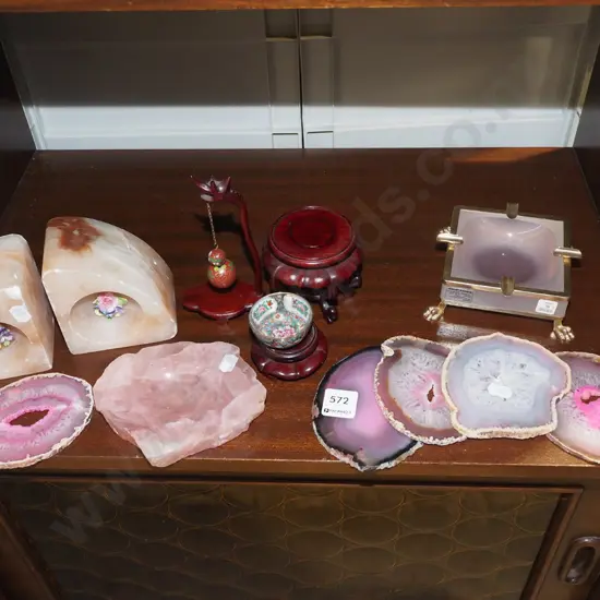 cut polished gem stones,alabaster bookends, ashtray etc