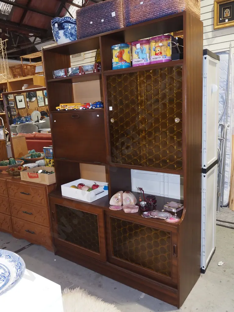 retro wall unit with decorative orange glass doors, drop-front liquor cabinet H1800 W1220 D395 Image 1++